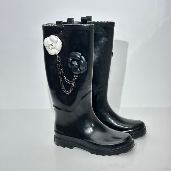 Dirty Laundry Rhane Black & White Flower Chain Rubber Pull On Rain Boots Size 6 - Picture 1 of 14